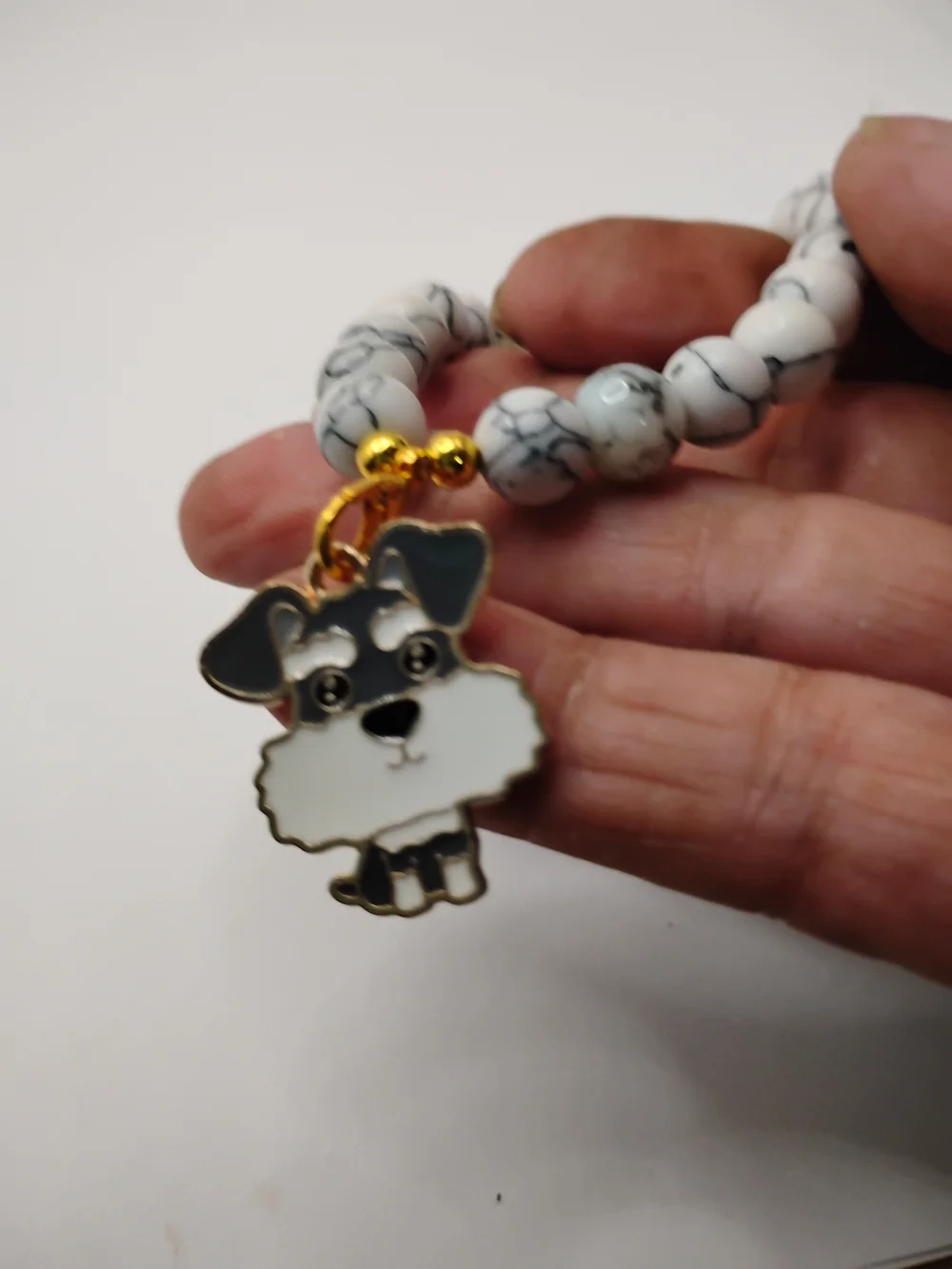 Marble Bead Dog Charm with Gold Puppy Pendant - White